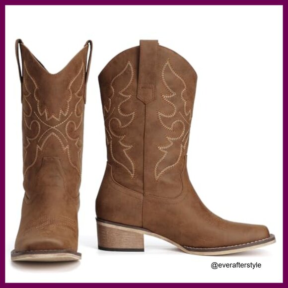 Mid Calf Western Cowboy Boots Square Toe Embroidery Faux Leather - Picture 6 of 7